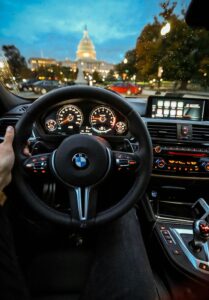 A close-up of a BMW dashboard with the check engine light illuminated, signaling a potential engine issue that needs diagnosis.